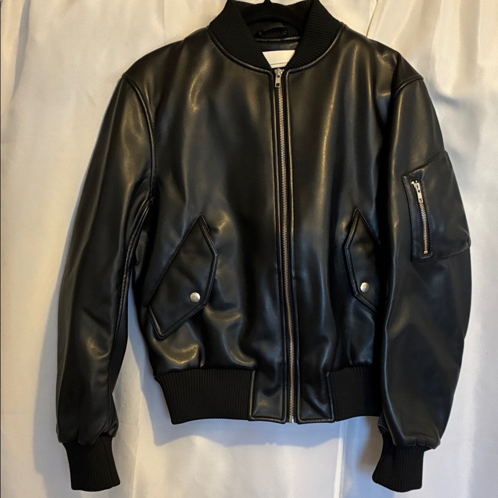 Black Faux Leather Bomber Jacket